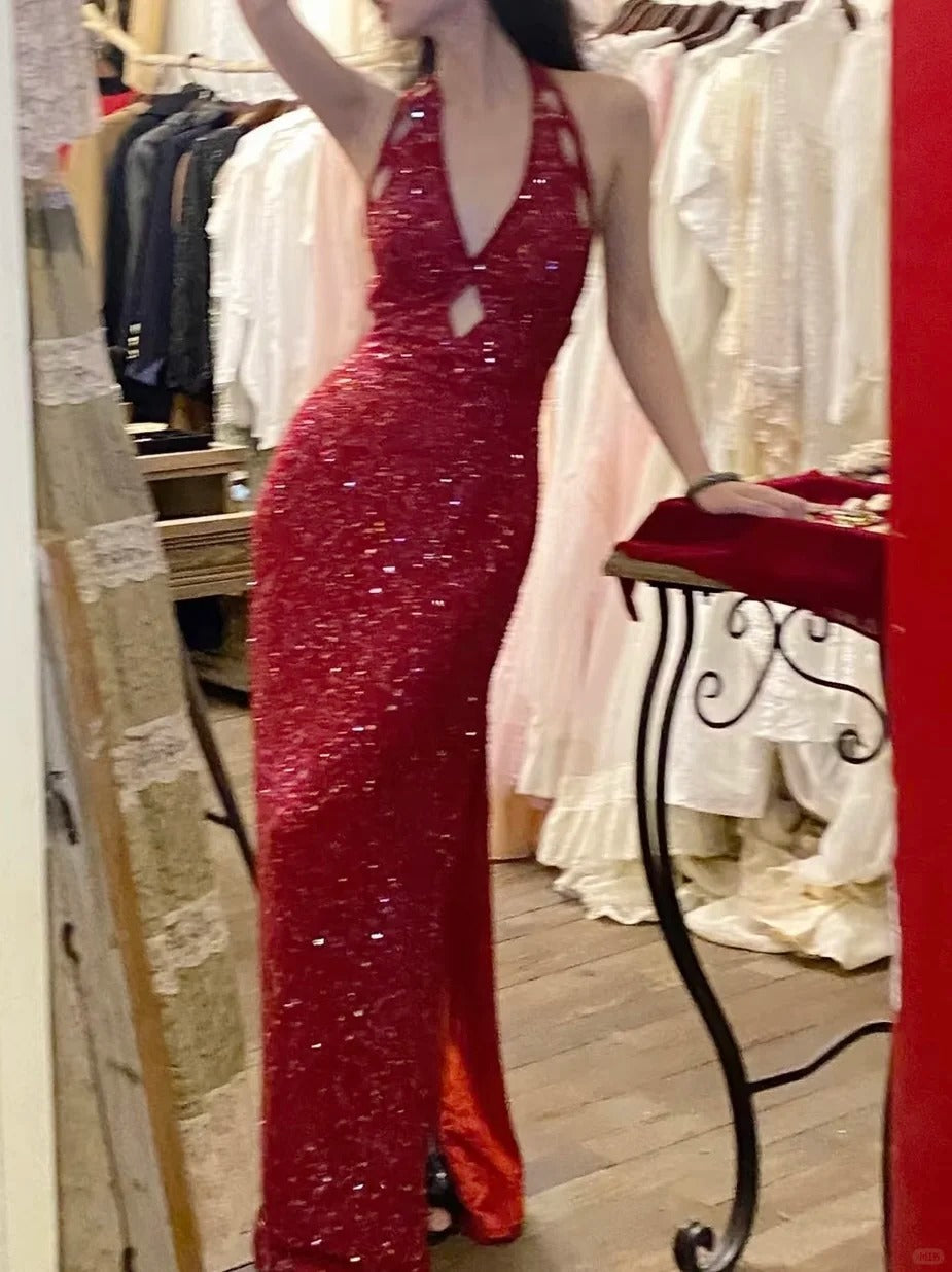 Sexy Red Sequined Halter Neck Backless Slit Long Prom Dress P3502 PreppyDress Sexy Red Sequined Halter Neck Backless Slit Long Prom Dress P3502 PreppyDress