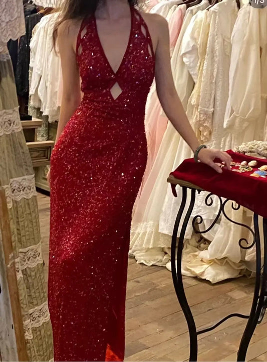 Sexy Red Sequined Halter Neck Backless Slit Long Prom Dress P3502