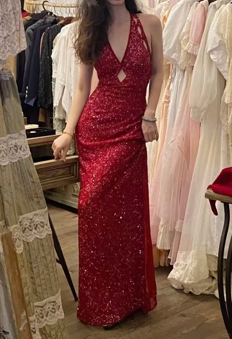 Sexy Red Sequined Halter Neck Backless Slit Long Prom Dress P3502