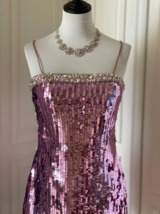 Sparkling Spaghetti Strap Purple Sequin Slim Fit Mini Birthday Party Homecoming Dress P3504