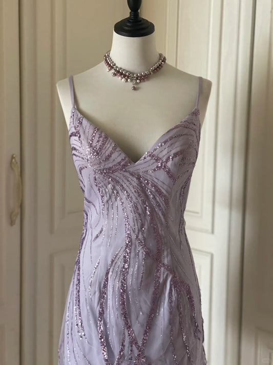 Elegant V-neck Purple Sequin Spaghetti Strap Mini Homecoming Dress P3505