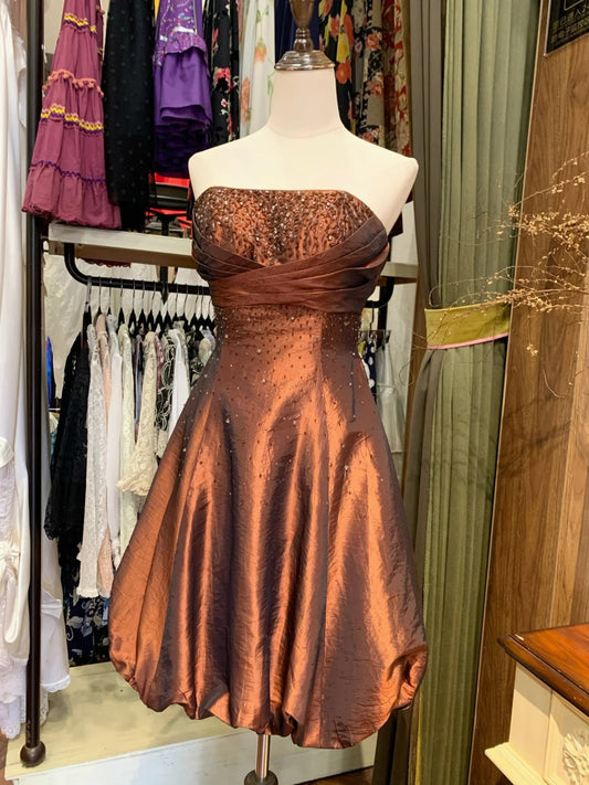 Vintage Beaded Strapless Satin Flower Bud Skirt Homecoming Dress P3506