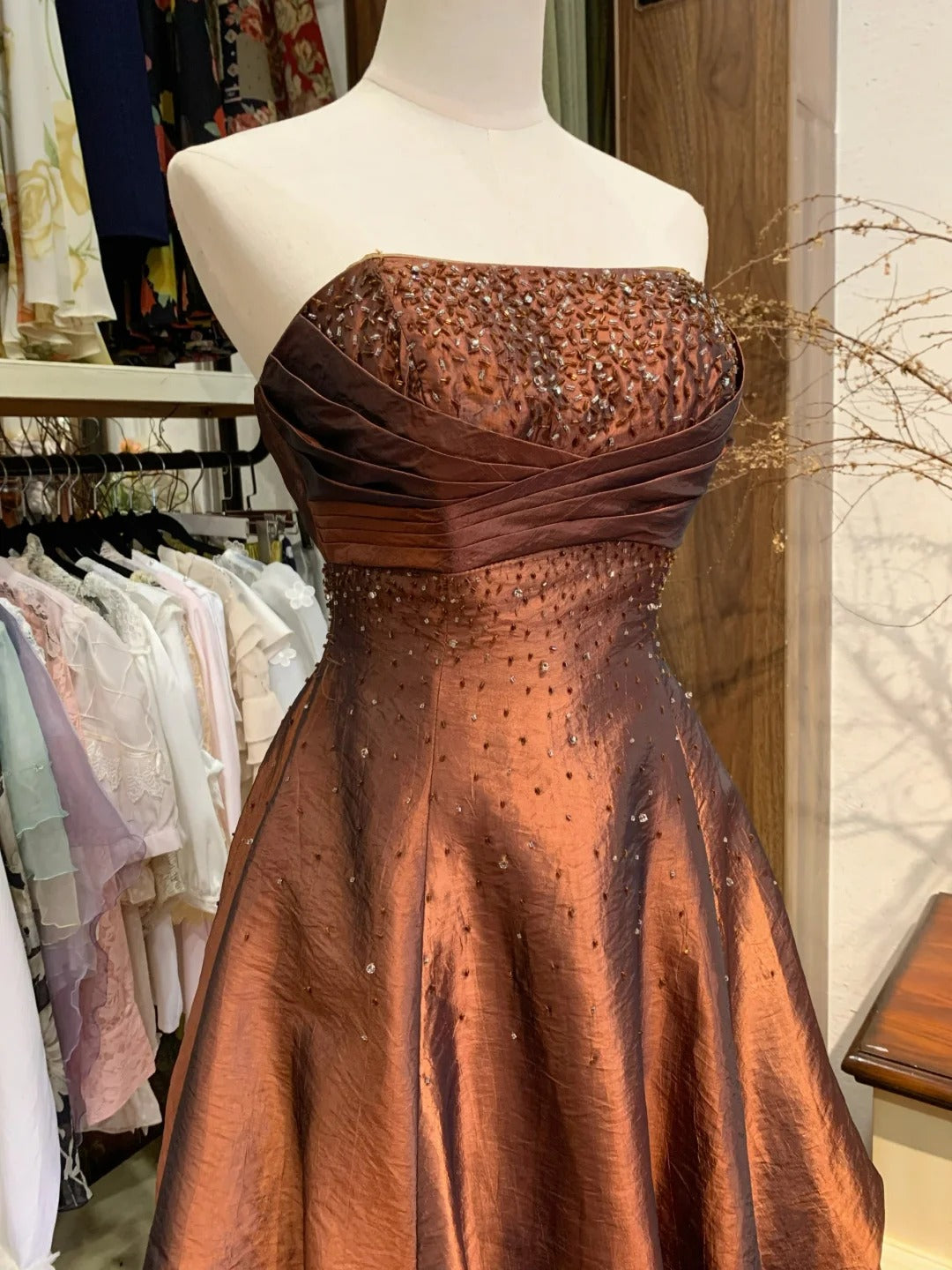 Vintage Beaded Strapless Satin Flower Bud Skirt Homecoming Dress P3506