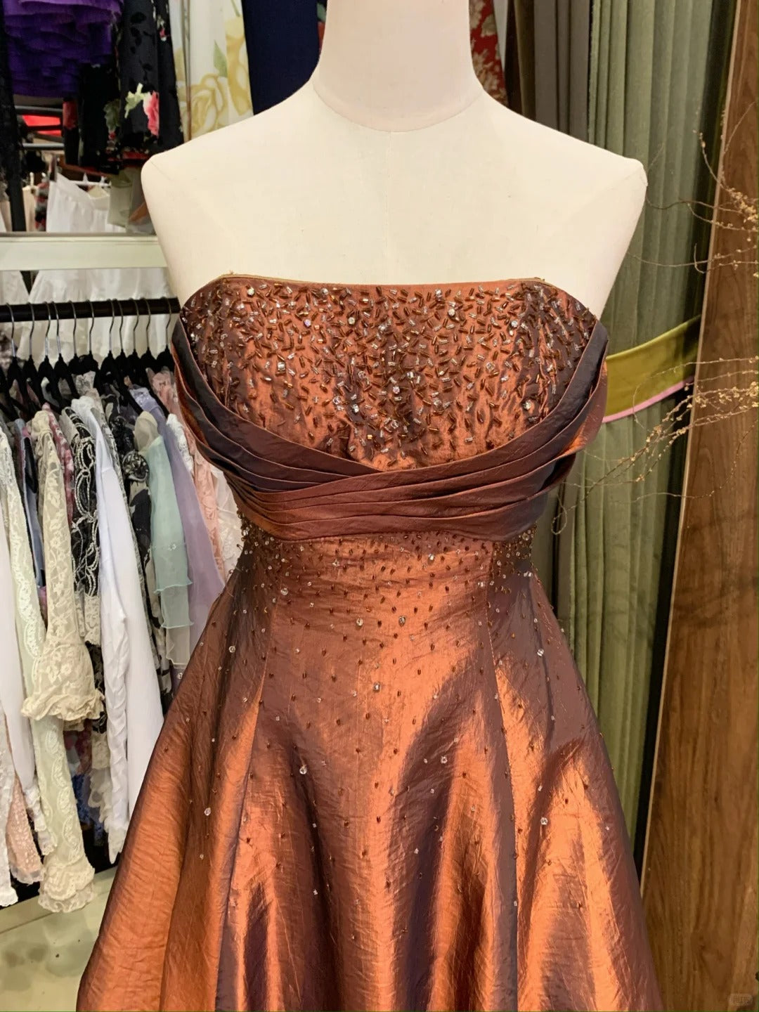 Vintage Beaded Strapless Satin Flower Bud Skirt Homecoming Dress P3506