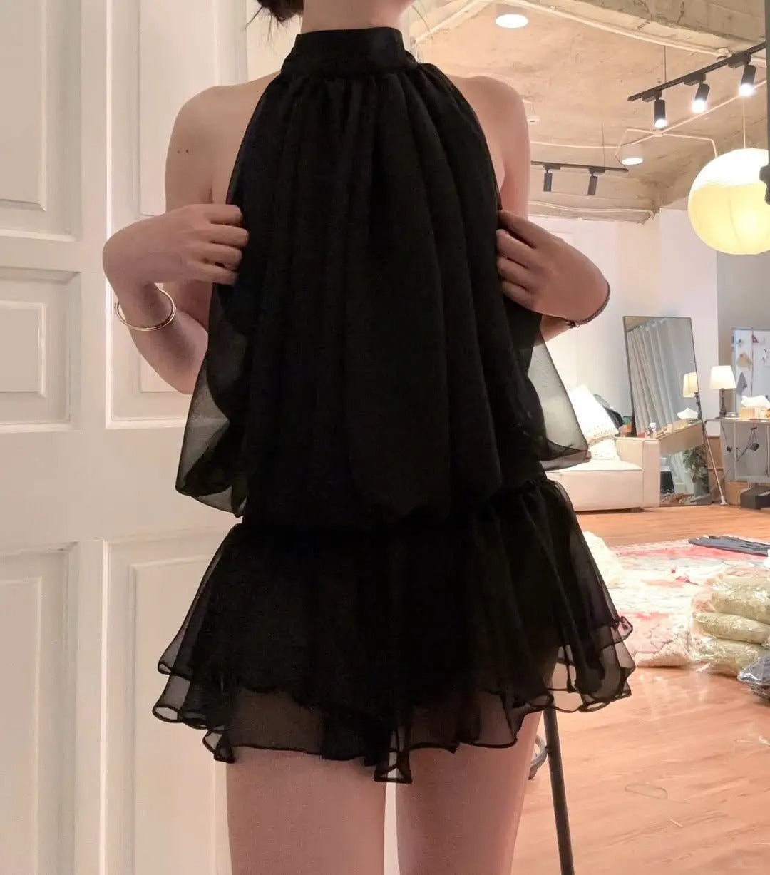 Simple Black Turtleneck Off-The-Shoulder Chiffon Mini Homecoming Dress P3508