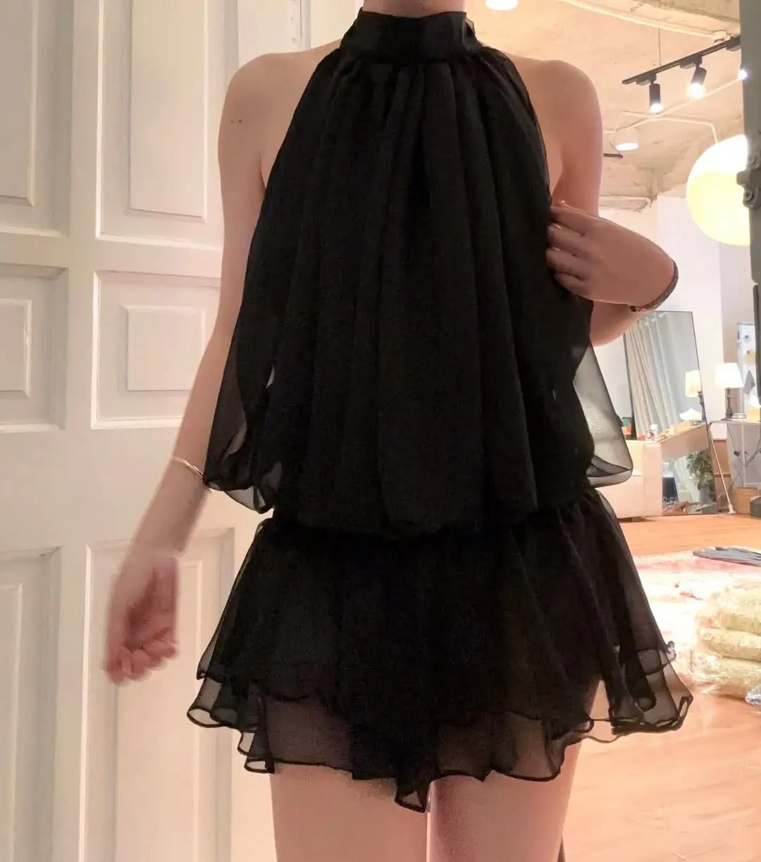 Simple Black Turtleneck Off-The-Shoulder Chiffon Mini Homecoming Dress P3508