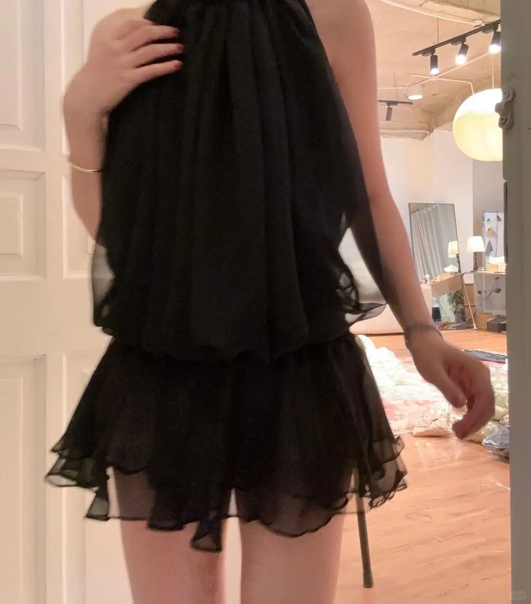 Simple Black Turtleneck Off-The-Shoulder Chiffon Mini Homecoming Dress P3508