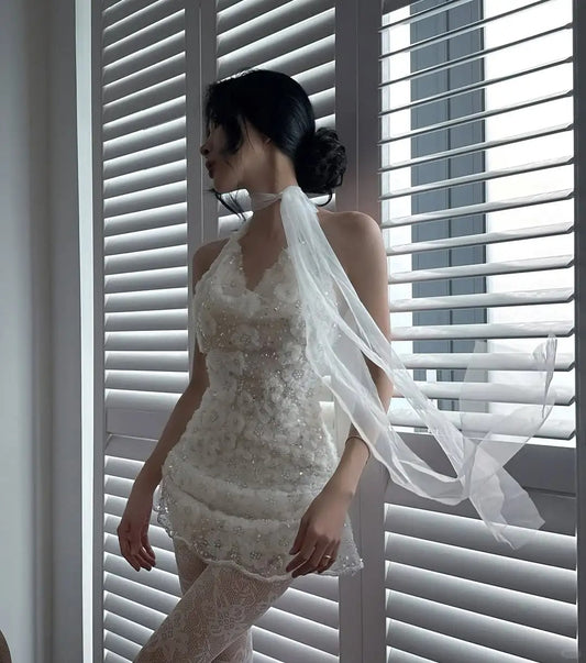 Cute Halter Neck 3D Flower Beaded Mini Homecoming Dress P3510