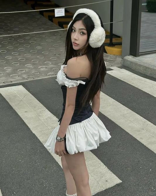 College Style Black And White Splicing Flower Bud Skirt 20th Birthday Homecoming Dress P3514