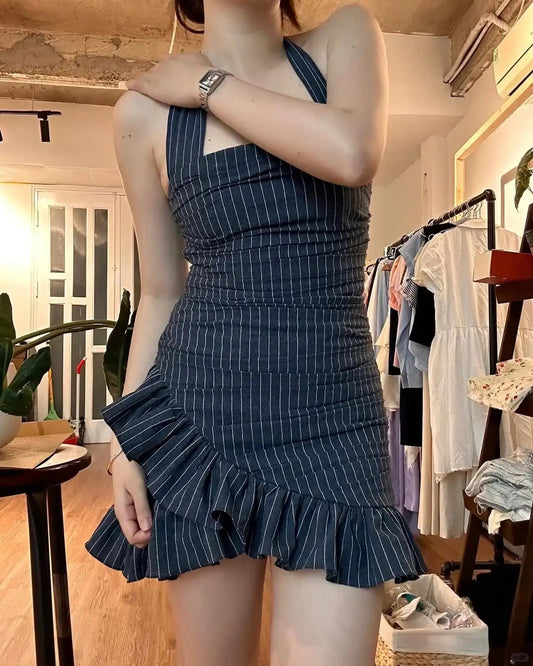 Chic Grey Striped Halter Neck Irregular Hem Homecoming Dress P3516