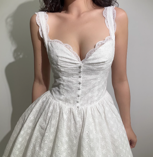 Sweet Lace Edge Hollow Embroidery V-neck White Puffy Homecoming Dress P3528