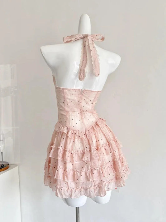 Cute Pink Polka Dot Halter Neck A-Line Mini 16th Birthday Homecoming Dress P3533