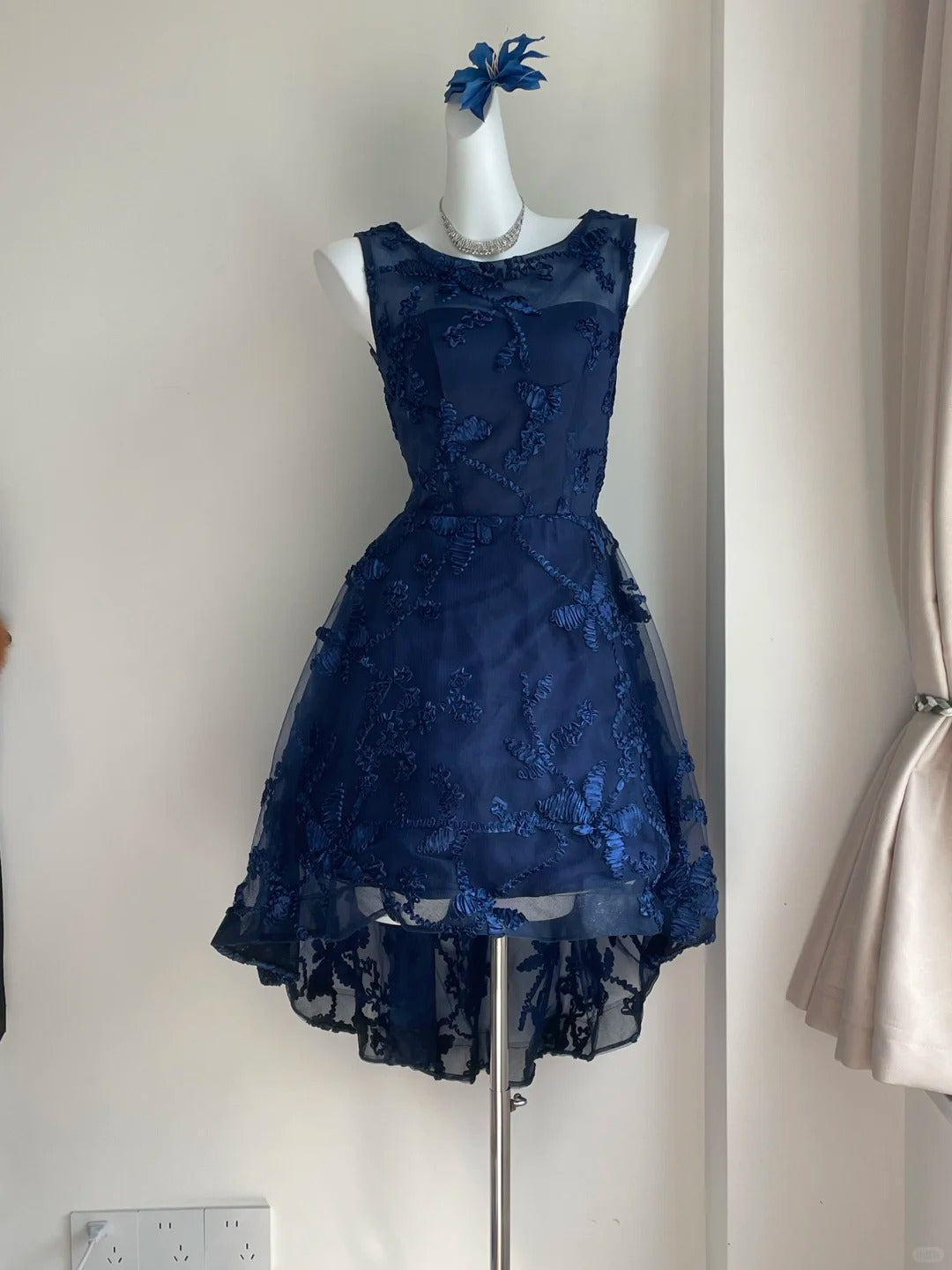 Elegant Navy Blue Shoulder Strap Sleeveless Embroidered Short Front And Long Back Homecoming Dress P3537