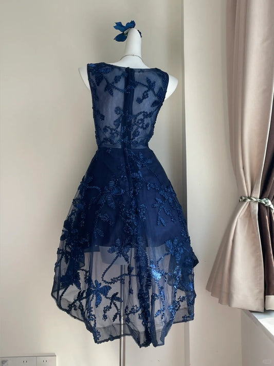Elegant Navy Blue Shoulder Strap Sleeveless Embroidered Short Front And Long Back Homecoming Dress P3537