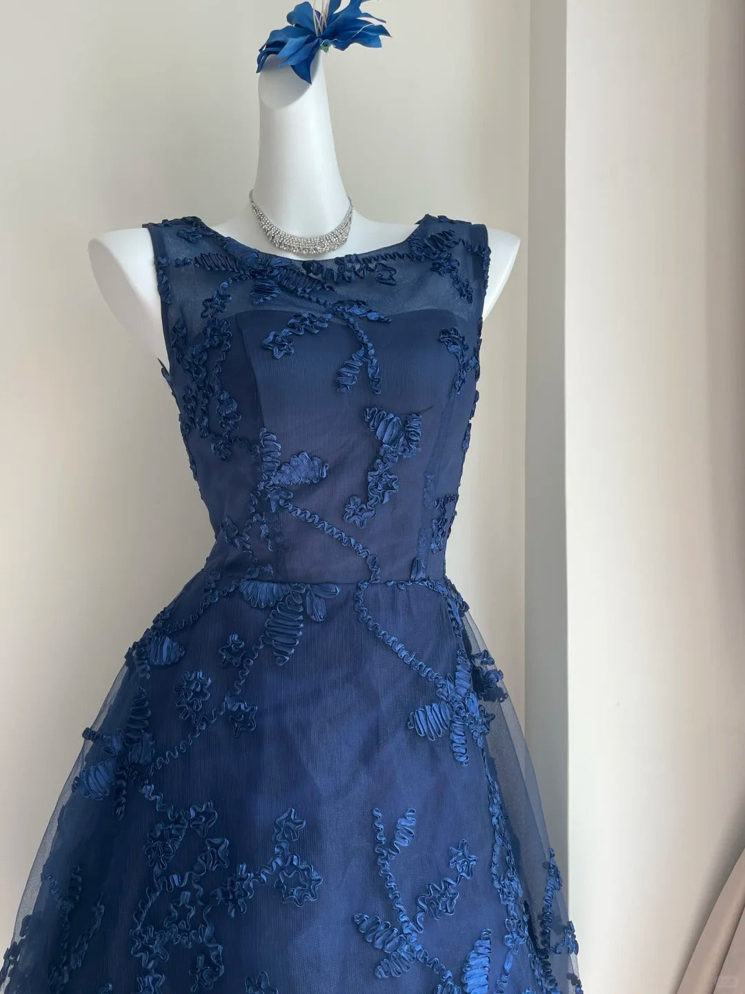 Elegant Navy Blue Shoulder Strap Sleeveless Embroidered Short Front And Long Back Homecoming Dress P3537