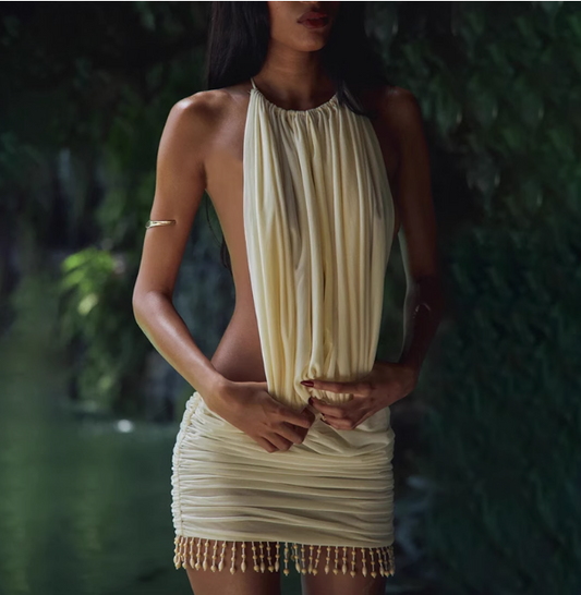 Sexy Pearl Tassel Open Back Halter Neck Hip Homecoming Dress P3544