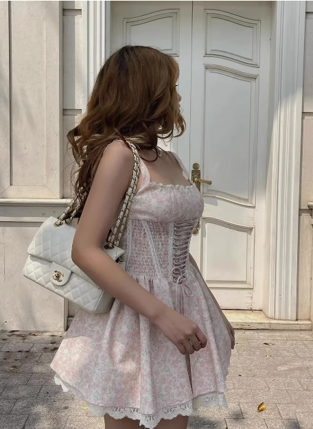 Sweet Strap Waist Elastic Floral Princess Sling 17th Birthday Homecoming Dress P3553