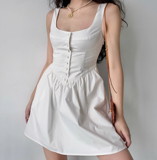 Retro Palace Style White Bud Buttoned Square Collar Sleeveless A-line PreppyDress Retro Palace Style White Bud Buttoned Square Collar Sleeveless A-line PreppyDress