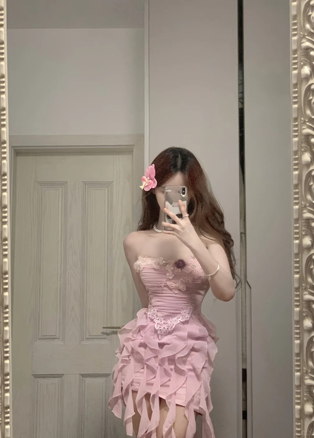 Sweet Pink Strapless Chiffon Bodycon Jellyfish Skirt Homecoming Dress P3569