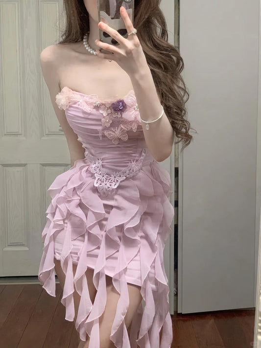 Sweet Pink Strapless Chiffon Bodycon Jellyfish Skirt Homecoming Dress P3569