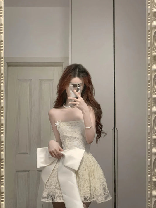 Cute Lace Pearl Bow Strapless A-Line Mini 17th Birthday Homecoming Dress P3570