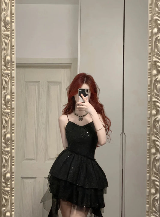 Shiny Black Spaghetti Strap Sequined Tulle Irregular Skirt 17th Birthday Homecoming Dress P3573