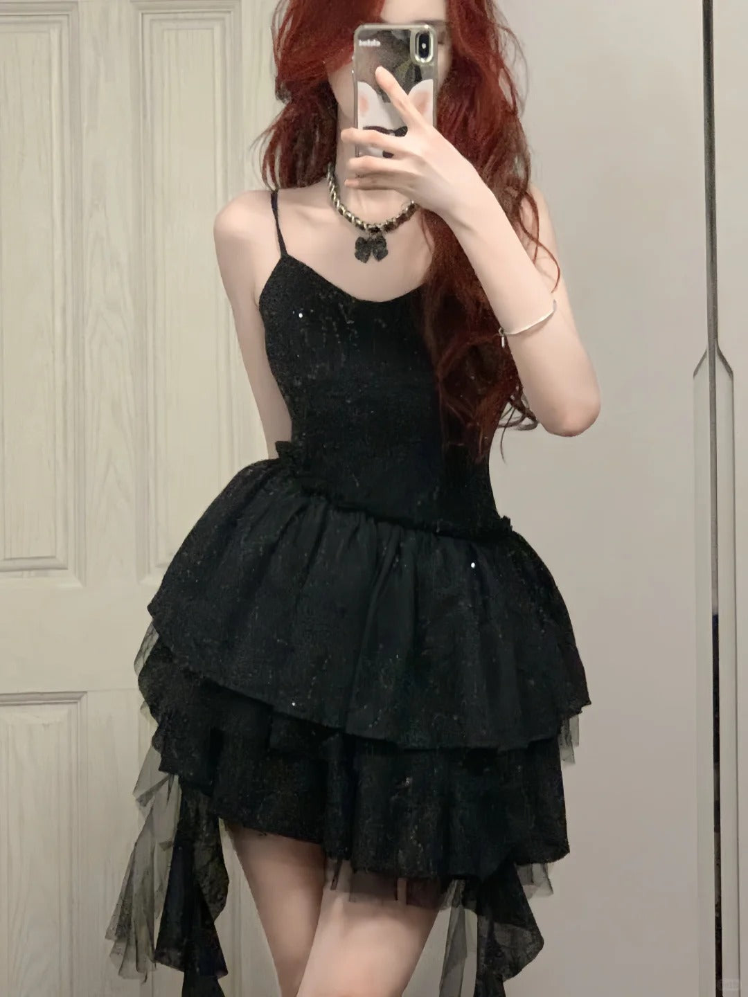 Shiny Black Spaghetti Strap Sequined Tulle Irregular Skirt 17th Birthday Homecoming Dress P3573