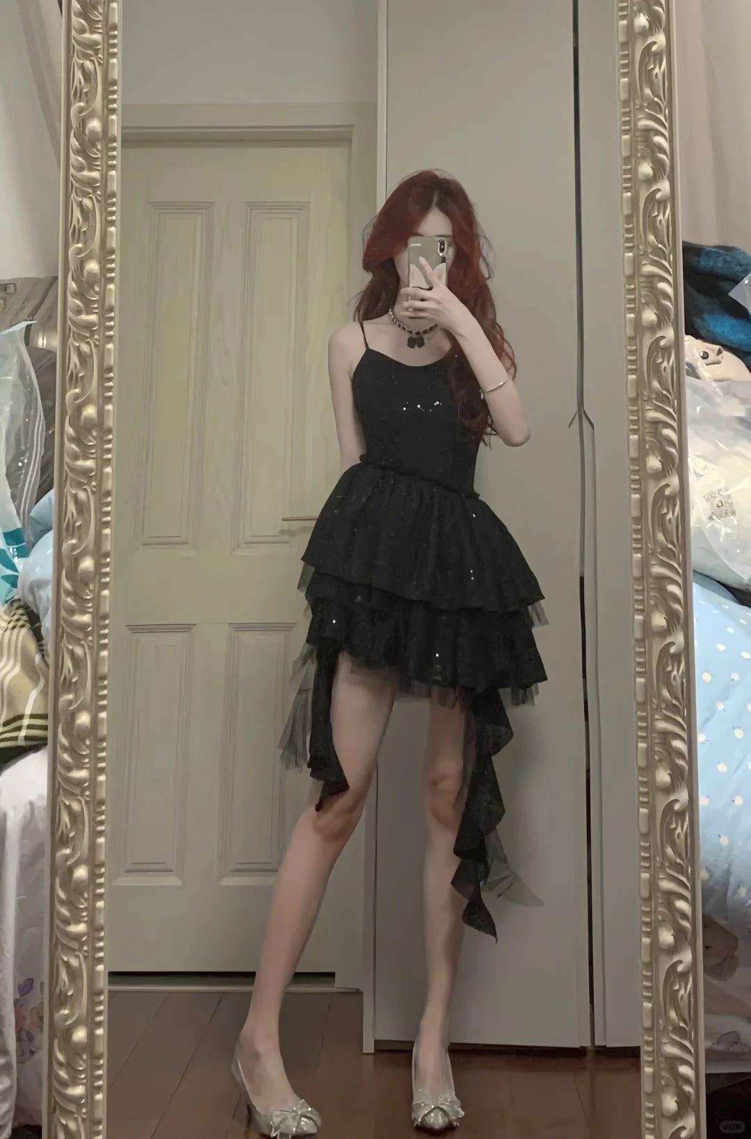 Shiny Black Spaghetti Strap Sequined Tulle Irregular Skirt 17th Birthday Homecoming Dress P3573