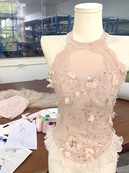 Cute Pink Off-the-shoulder Beaded Lace Tulle Princess 17th Birthday Homecoming Dress P3574