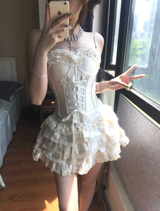 Vintage White Spaghetti Strap Corset With Satin Lace Trim 17th Birthday Homecoming Dress P3579
