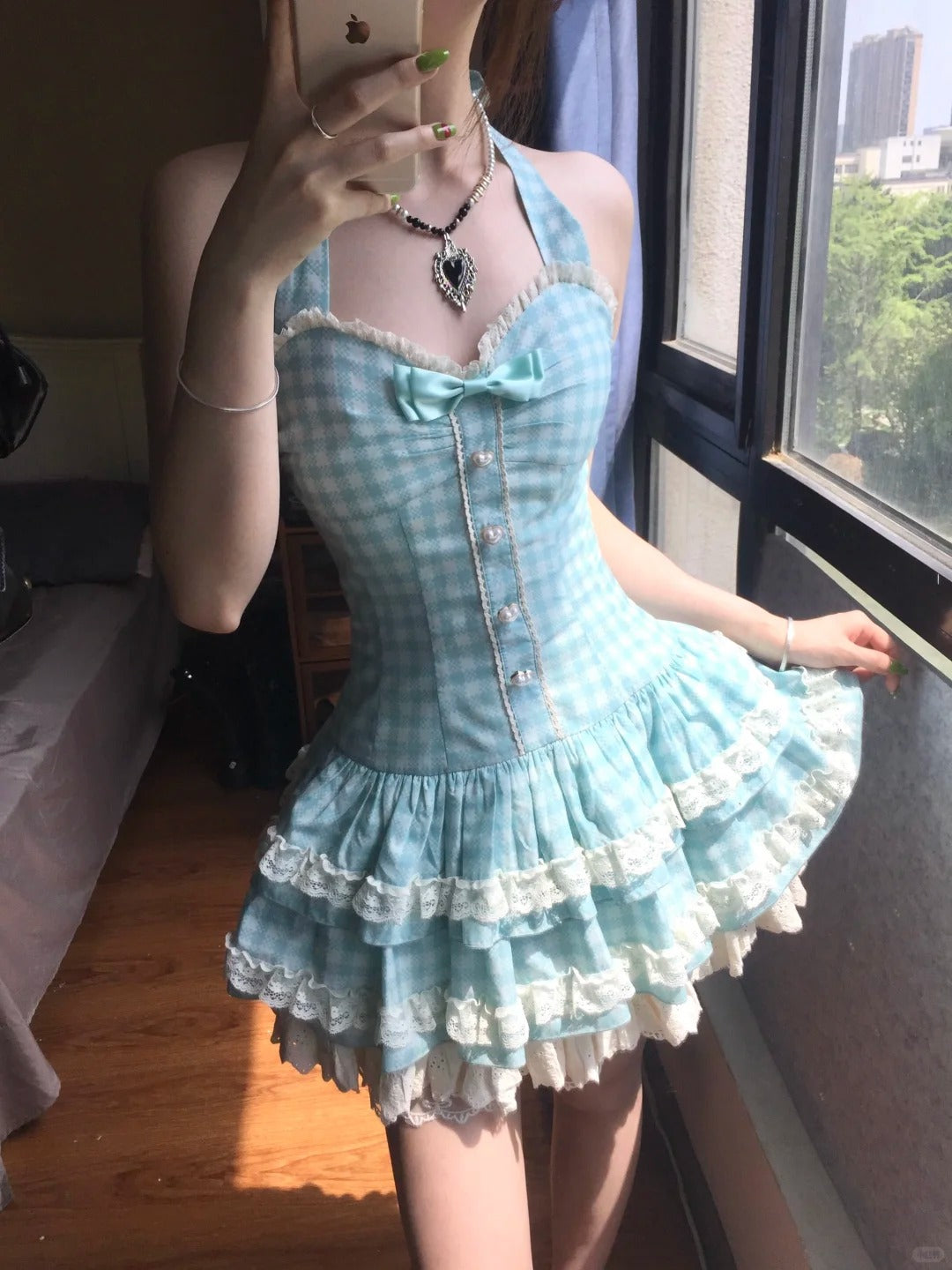 Sweet Halter Neck Blue Plaid Lace Trim Mini Homecoming Dress P3580 Sweet Halter Neck Blue Plaid Lace Trim Mini Homecoming Dress P3580