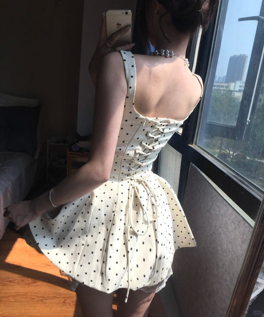 Elegant Square Neck Polka Dot Straps Back Tie Mini Homecoming Dress P3581