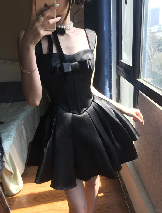 Cute Black Satin Bow A-Line Mini 17th Birthday Homecoming Dress P3582