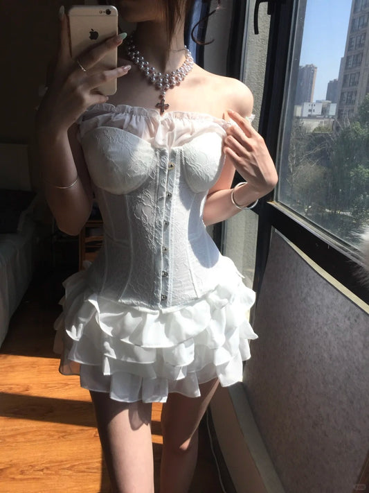 Sexy White Off Shoulder Corset Ruffled Mini Homecoming Dress P3583