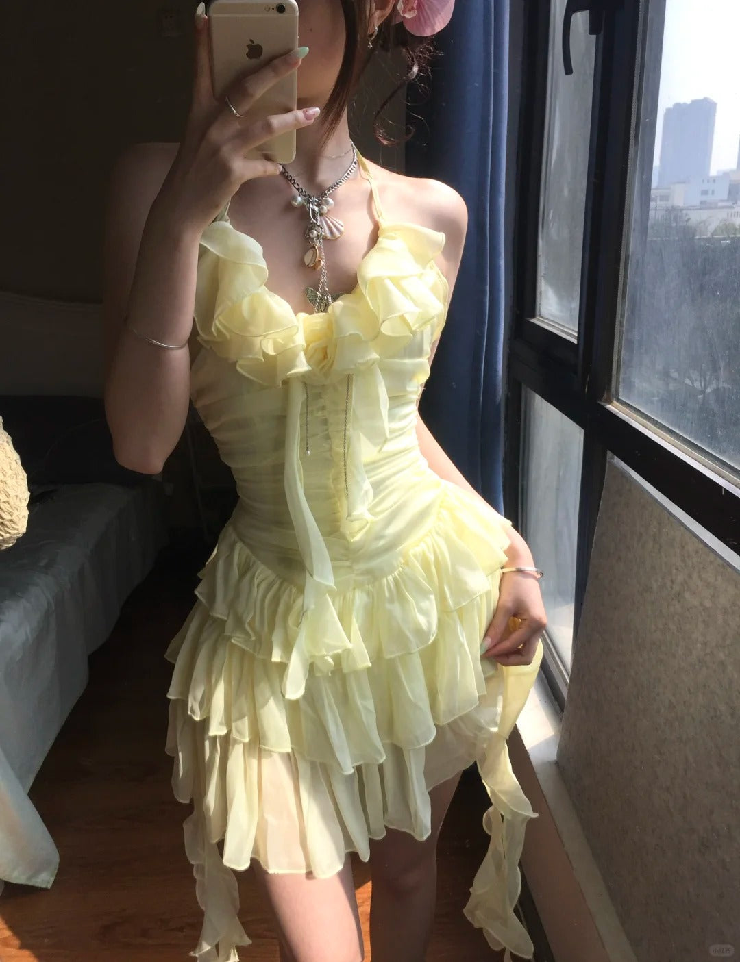 Flowy Yellow Chiffon Ruffle Mini 17th Birthday Homecoming Dress P3584