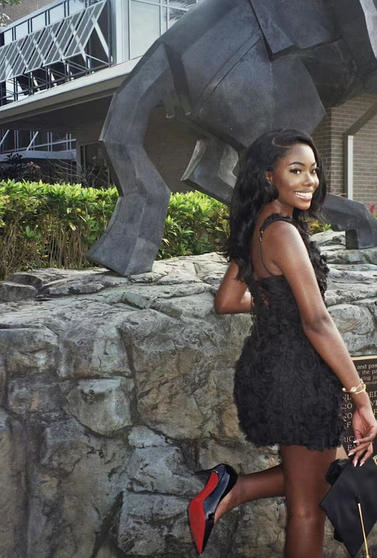 Elegant Black Square Neck Straps Floral 17th Birthday Homecoming Dress P3597