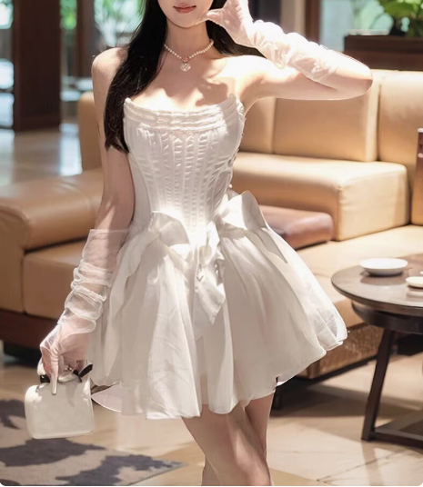 Sweet White Herringbone Tube Top Puff Birthday Dress Homecoming Dress Sweet White Herringbone Tube Top Puff Birthday Dress Homecoming Dress