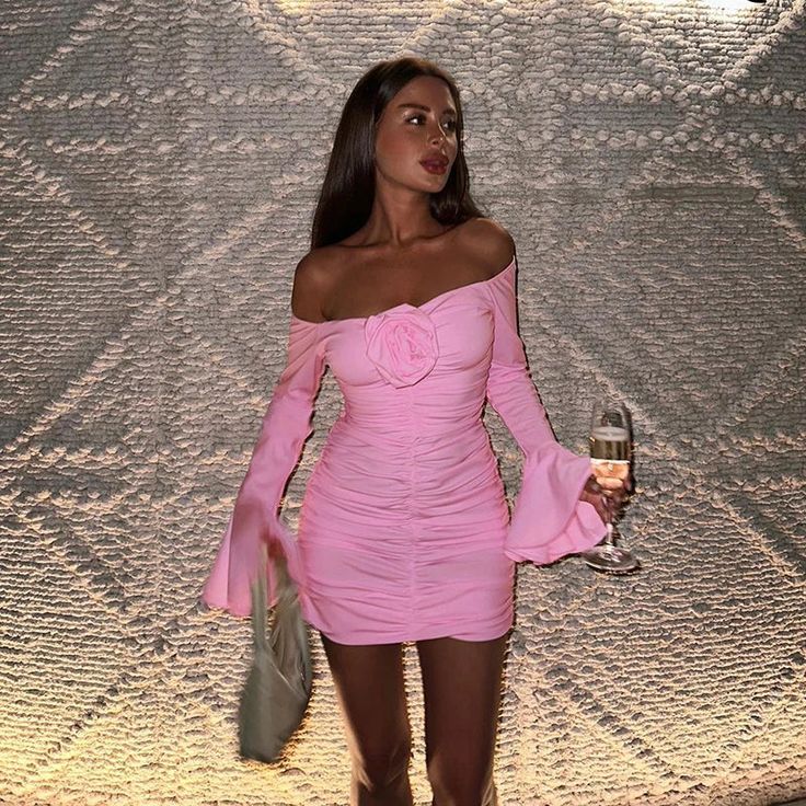 Sweet Pink One Shoulder Long Sleeve Homecoming Dress P3630