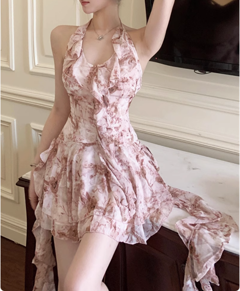 Pretty Pink Floral Halter Neck Chiffon Ruffle 17th Birthday Homecoming Dress P3646