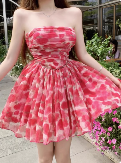 Beautiful Floral Tube Top Pink Tulle A-line Birthday Dress Homecoming Dress P3651