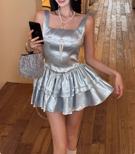 Blue Cake Skirt Short Square Neck Satin 17th Birthday Homecoming Dress P3654