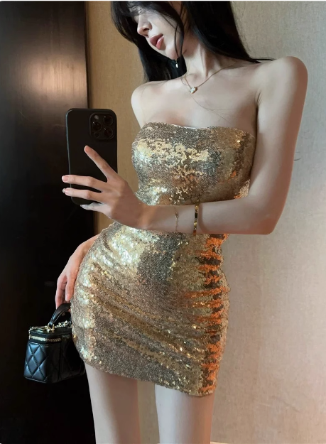 Sexy Champagne Tube Top Sequined Hip 17th Birthday Homecoming Dress P3663