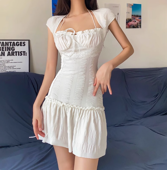 Sexy Low-cut Ruffled Waist Halter Neck A-line 17th Birthday Homecoming Dress P3688