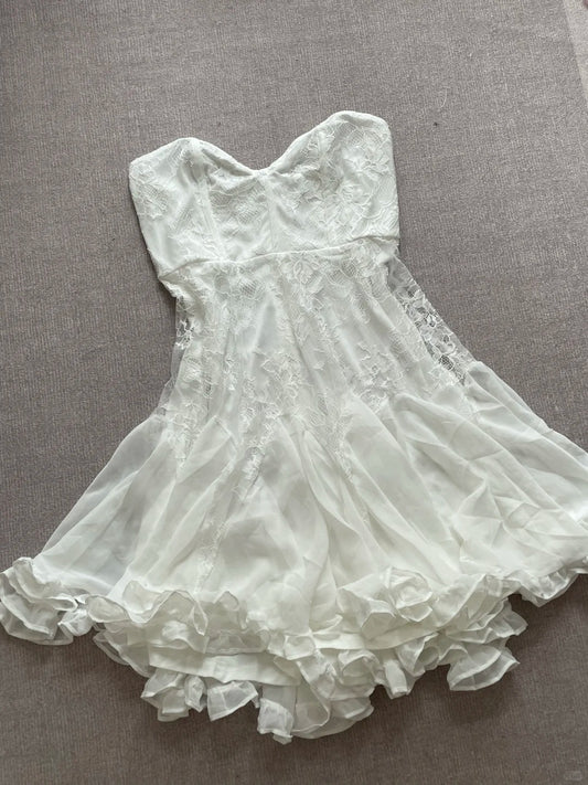 Elegant Tube Top White Lace Splicing Mesh A-line 17th Birthday Homecoming Dress P3725