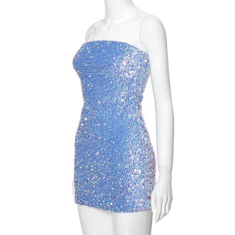 Shiny Blue Sequined Sleeveless Slim Fit Hip 17th Birthday Homecoming Dress P3739