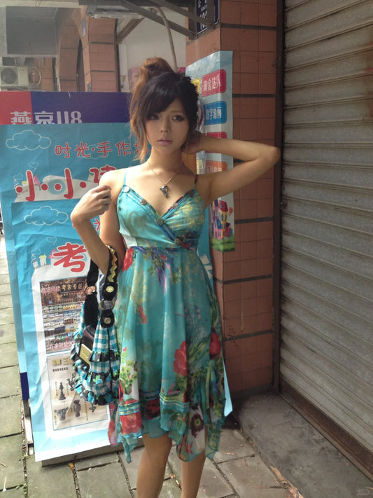 Vintage Chiffon Strapless Blue Print Homecoming Dress P3743