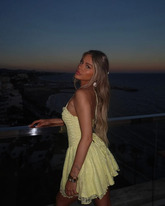 Cute Lace Halterneck Low-cut Light Yellow A-line 17th Birthday Homecoming Dress P3744