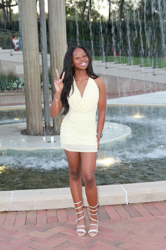 Elegant Halterneck Sleeveless Beaded Waist Birthday Short Dress Homecoming Dress P3747