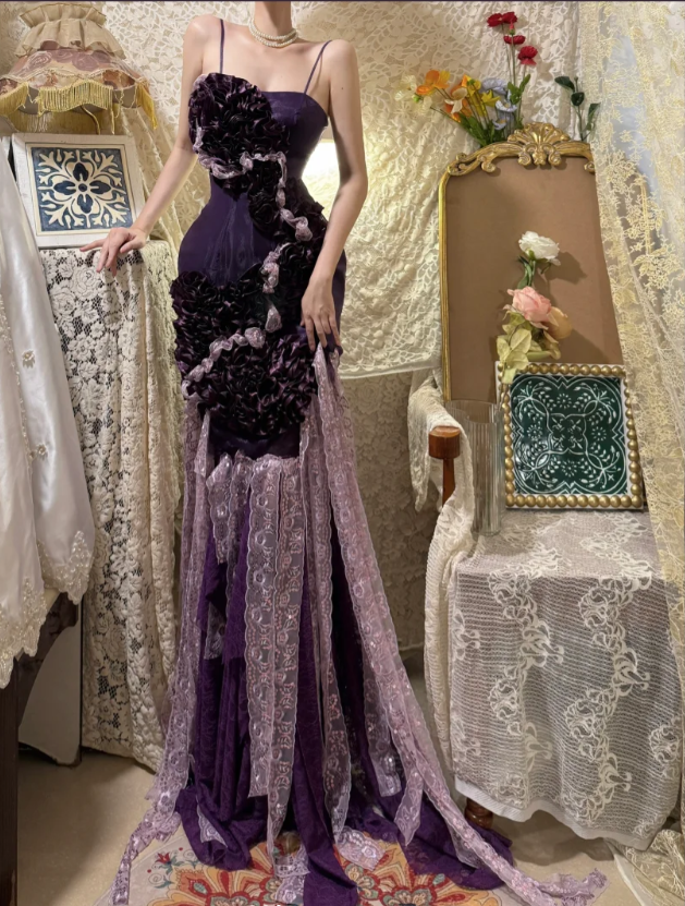 Charming Purple Heavy Strap Floral Lace Mermaid Prom Dress P3752