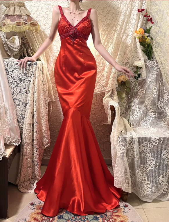 Elegant Red Rose Satin V-neck Beaded Long Prom Dress P3753